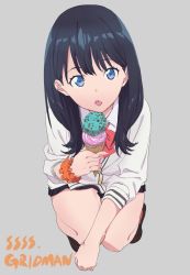 Rule 34 | 10s, 1girl, black hair, blue eyes, cardigan, commentary request, copyright name, double scoop, food, grey background, gridman universe, holding, holding food, ice cream, ice cream cone, long hair, long sleeves, looking at viewer, open mouth, pleated skirt, saitou kengo, school uniform, scrunchie, shoes, skirt, solo, squatting, ssss.gridman, takarada rikka, thighs, tongue, tongue out, wrist scrunchie