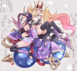Rule 34 | 2girls, black gloves, black legwear, blonde hair, breasts, detached sleeves, elbow gloves, facial mark, fate/grand order, fate (series), gloves, horns, ibaraki douji (fate), ibaraki douji (fate/grand order), ibaraki douji (swimsuit lancer) (fate), ibaraki douji (swimsuit lancer) (third ascension) (fate), kangetsu (fhalei), long hair, multicolored hair, multiple girls, open mouth, pink hair, purple eyes, purple hair, short hair, shuten douji (fate), shuten douji (fate/grand order), shuten douji (halloween caster) (fate), sidelocks, sitting, skin-covered horns, small breasts, star (symbol), tattoo, thighhighs, toeless legwear, toes, twintails, very long hair, yellow eyes