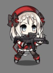 Rule 34 | 1girl, animated, animated gif, ankle boots, beret, black gloves, black pantyhose, blonde hair, blue eyes, blush stickers, boots, braid, cloak, closed mouth, collared dress, dress, expressionless, fingerless gloves, floating hair, full body, girls&#039; frontline, gloves, grey background, gun, h&amp;k mp5, hair flip, hat, heckler &amp; koch, holding, holding gun, holding weapon, holster, long hair, lowres, mod3 (girls&#039; frontline), mp5 (girls&#039; frontline), mp5 (mod3) (girls&#039; frontline), necktie, off shoulder, official alternate costume, official art, pantyhose, ribbon, saru, sidelocks, simple background, sleeveless, sleeveless dress, solo, submachine gun, thigh holster, thigh strap, trigger discipline, weapon, white hair, wind