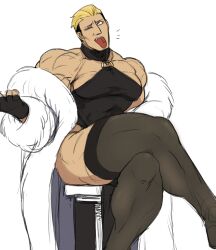 Rule 34 | 1boy, bara, black dress, black leggings, blonde hair, breasts, coat, dress, fingerless gloves, gloves, gluteal fold, hair slicked back, large breasts, large pectorals, leggings, male focus, muscular, muscular male, neck brace, nyaattoberritto, pectorals, sitting, sitting on chair, sketch, tan, the king of fighters, thick thighs, thighs, tongue, tongue out, white background, white coat, yamazaki ryuuji
