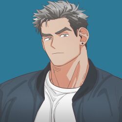 Rule 34 | 1boy, profile picture, bara, ear piercing, frown, grey hair, highres, jacket, looking at viewer, male focus, multicolored hair, muscular, muscular male, open clothes, open jacket, original, piercing, shirt, short hair, sideburns, solo, takayakaiti (tk049ccn), thick eyebrows, two-tone hair, upper body, white shirt