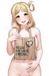 Rule 34 | 1girl, arrow (symbol), blonde hair, blush, braid, breasts, completely nude, covering privates, covering breasts, cowboy shot, crown braid, english text, groin, hair rings, highres, large breasts, looking at viewer, love live!, love live! sunshine!!, navel, nude, ohara mari, out-of-frame censoring, recycling symbol, smile, solo, sweat, yellow eyes, yonsi