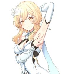 Rule 34 | 1girl, arm up, armpits, black gloves, blonde hair, breasts, cleavage, closed mouth, detached sleeves, dress, flower, genshin impact, gloves, hair flower, hair ornament, looking at viewer, lumine (genshin impact), medium breasts, orange eyes, partially fingerless gloves, sbs, short hair with long locks, simple background, solo, spread armpit, upper body, white background, white dress, white flower