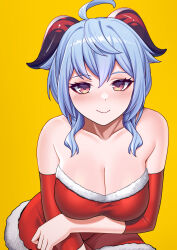 Rule 34 | 1girl, ahoge, bare shoulders, blue hair, blush, breast hold, breasts, brown eyes, christmas, cleavage, closed mouth, collarbone, crossed arms, detached sleeves, dress, fur-trimmed dress, fur-trimmed sleeves, fur trim, ganyu (genshin impact), genshin impact, goat horns, hair between eyes, half-closed eyes, highres, horns, large breasts, leaning forward, long hair, looking at viewer, medium breasts, merry christmas, purple eyes, red dress, red sleeves, santa costume, santa dress, silcorpio, smile, solo, upper body, yellow background