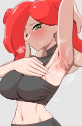 Rule 34 | 1girl, absurdres, arm behind head, arm up, armpits, blush, breasts, closed mouth, crop top, female focus, green eyes, grey background, half-closed eyes, highres, large breasts, long hair, looking at viewer, midriff, navel, nintendo, octoling player character, pero (pero7762), presenting, presenting armpit, red hair, simple background, sleeveless, solo, splatoon (series), standing, steaming body, stomach, suction cups, sweat, takozonesu, tentacle hair