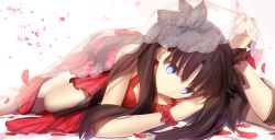 Rule 34 | 1girl, blue eyes, blurry, bow, brown hair, depth of field, dress, fate/stay night, fate (series), hair ribbon, highres, long hair, looking at viewer, lying, mashima saki (mashimasa), md5 mismatch, petals, red dress, ribbon, rose petals, sleeveless, smile, solo, tohsaka rin, two side up, white background, wrist cuffs
