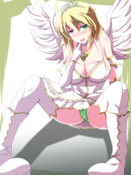 Rule 34 | 10s, 1girl, bad id, bad pixiv id, bare shoulders, blonde hair, blush, boots, breasts, cleavage, crown, front-seamed legwear, green eyes, green panties, heterochromia, huge breasts, kichihachi, large breasts, looking at viewer, open mouth, panties, purple eyes, ryouna (senran kagura), seamed legwear, senran kagura, senran kagura shinovi versus, short hair, sitting, smile, solo, thighhighs, underwear, white thighhighs, wings