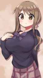 Rule 34 | arm behind back, black shirt, blush, bow, bowtie, breasts, brown background, brown eyes, brown hair, closed mouth, collarbone, cowboy shot, expressionless, hair between eyes, hand on own chest, hand up, highres, large breasts, long hair, long sleeves, looking at viewer, matsumoto yoriko, pink scrunchie, plaid, plaid skirt, pocchari, scrunchie, shirt, sidelocks, skirt, yuyushiki