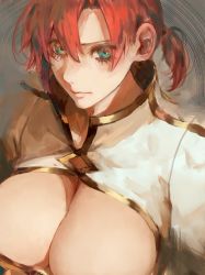 Rule 34 | 1girl, boudica (fate), breasts, cleavage, closed mouth, fate/grand order, fate (series), green eyes, hair between eyes, juliet sleeves, large breasts, long sleeves, looking at viewer, nfj, o-ring, o-ring top, parted bangs, puffy sleeves, red hair, short hair, shrug (clothing), solo, upper body