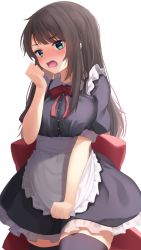 Rule 34 | 1girl, absurdres, apron, black dress, black thighhighs, blue eyes, blush, bow, bowtie, breasts, brown hair, commentary request, dress, frilled apron, frilled dress, frills, grey thighhighs, hand up, highres, hololive, large breasts, long hair, looking at viewer, oozora subaru, open mouth, puffy short sleeves, puffy sleeves, red bow, red bowtie, short sleeves, simple background, solo, starkamisan, thighhighs, virtual youtuber, white apron, white background