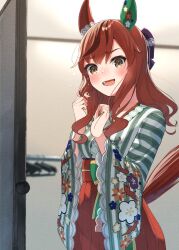 Rule 34 | 1girl, animal ears, blurry, blurry background, blush, breasts, clothes hanger, cowboy shot, door, ear covers, floral print kimono, green kimono, hands up, highres, horse ears, horse girl, horse tail, indoors, japanese clothes, kimono, long hair, looking at viewer, makiyuki, multicolored hair, nice nature (converging wishes) (umamusume), nice nature (umamusume), obi, official alternate costume, official alternate hairstyle, open mouth, red hair, red kimono, red sash, sash, sidelocks, single ear cover, small breasts, solo, standing, streaked hair, striped clothes, striped kimono, tail, tail raised, two-tone kimono, umamusume, yellow eyes