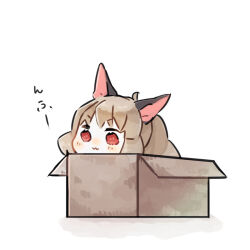 Rule 34 | 1girl, :3, ahoge, box, cardboard box, closed mouth, colored skin, commentary request, harvest fes, in box, in container, librarian (project moon), library of ruina, light brown hair, long hair, no nose, project moon, red eyes, simple background, solo, translation request, v-shaped eyebrows, white background, white skin