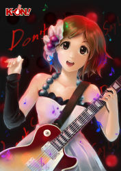 Rule 34 | 1girl, brown hair, detached sleeves, don&#039;t say &quot;lazy&quot;, dress, electric guitar, gibson les paul, gloves, guitar, hair ornament, hirasawa yui, instrument, k-on!, krit parnsanay, plectrum, short hair, solo, white dress