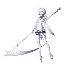 Rule 34 | 1girl, blue eyes, boots, cape, closed mouth, dress, elbow gloves, fingerless gloves, full body, gloves, grey hair, highres, holding, holding scythe, looking at viewer, original, plantar flexion, platform boots, platform footwear, scythe, short hair, shoulder pads, simple background, skirt, solo, tachi-e, thigh boots, white background, white cape, white dress, white footwear, white gloves, white skirt, youx
