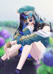 Rule 34 | 1girl, aboreen, absurdres, black hair, blue hair, bracelet, fate/grand order, fate (series), green headwear, highres, jewelry, looking at viewer, looking over eyewear, multicolored hair, rain, sitting, solo, sunglasses, tenochtitlan (fate), tenochtitlan (second ascension) (fate)