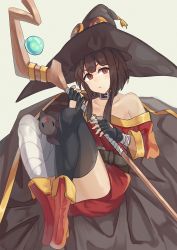 Rule 34 | &gt;:(, 1girl, animal, animal ears, bandaged leg, bandages, bare shoulders, belt, black cape, black collar, black gloves, black hair, black hat, black thighhighs, blush, boots, breasts, cape, character cutout, chomusuke, collar, collarbone, commentary request, cross, dress, fingerless gloves, gloves, haojihaojigo, hat, highres, holding, holding staff, holding weapon, kono subarashii sekai ni shukufuku wo!, looking at viewer, megumin, off shoulder, red eyes, red footwear, short hair, short hair with long locks, single thighhigh, small breasts, staff, thighhighs, weapon, witch hat