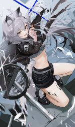 Rule 34 | 1girl, absurdres, ahoge, animal ear fluff, animal ears, anizi, arknights, black coat, black jacket, black nails, black shorts, blush, breasts, chest sarashi, coat, commentary, embers, grey eyes, grey hair, hair ornament, hairclip, highres, jacket, kneeling, lappland (arknights), long hair, looking at viewer, multicolored hair, navel, open mouth, revision, sarashi, scar, scar across eye, scar on face, short shorts, shorts, skindentation, small breasts, smile, solo, tail, two-tone hair, white hair, wolf ears, wolf girl, wolf tail