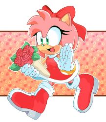 Rule 34 | 1girl, amy rose, animal ears, animal nose, bare shoulders, blush, body fur, boots, bouquet, bow, dress, female focus, flat chest, floral background, flower, full body, furry, furry female, gloves, green eyes, hair bow, hand up, happy, heart, heart print, highres, holding, holding bouquet, knee boots, light blush, open mouth, outline, pink fur, pink hair, red bow, red dress, red flower, red rose, rose, short hair, sidelocks, sleeveless, sleeveless dress, smile, solo, sonic (series), standing, stellarspin, valentine, walking, waving, white footwear, white gloves, white outline, wide-eyed