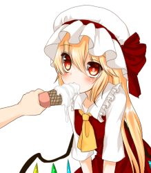 Rule 34 | 1girl, 2girls, ascot, bad id, bad pixiv id, blonde hair, bow, collarbone, dripping, flandre scarlet, food, frills, hat, hat bow, hat ribbon, holding, ice cream, ice cream cone, koyashaka, long hair, looking up, mob cap, multiple girls, out of frame, red bow, red eyes, red ribbon, red skirt, ribbon, sexually suggestive, short sleeves, simple background, sitting, skirt, skirt set, solo focus, touhou, v arms, very long hair, white background, wings