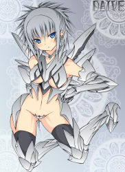 Rule 34 | 1girl, android, angel, armor, bad id, bad pixiv id, blue eyes, blush, breasts, daive, earrings, gauntlets, greaves, grey hair, highres, jewelry, maebari, revealing clothes, short hair, solo, thighhighs, underboob, wings