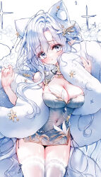 Rule 34 | 1girl, absurdres, animal ear fluff, animal ears, blush, breasts, cleavage, commentary request, commission, covered navel, cropped, dress, floral background, flower, grey dress, grey eyes, grey footwear, grey hair, head tilt, highres, lace, lace-trimmed legwear, lace trim, large breasts, long hair, long legs, original, parted bangs, parted lips, shoes, simple background, solo, tandohark, thighhighs, twitter username, very long hair, watermark, white background, white flower, white thighhighs