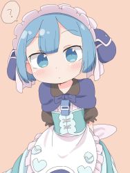 Rule 34 | 1boy, ?, arms behind back, blue capelet, blue eyes, blue hair, blush, capelet, child, corset, dress, highres, made in abyss, maid headdress, male focus, maruruk, natsuo (azabuchan1221), pouch, short hair, solo, spoken question mark, trap, whistle