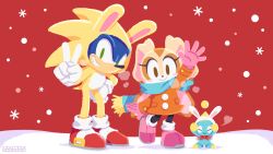 Rule 34 | 1boy, 1girl, alternate costume, animal costume, animal ears, brown eyes, chao (sonic), cheese (sonic), chinese new year, chinese zodiac, commentary request, cream the rabbit, fake animal ears, full body, furry, furry female, furry male, gloves, green eyes, highres, looking at viewer, official art, pink footwear, pink gloves, rabbit costume, rabbit ears, smile, snowflakes, sonic (series), sonic the hedgehog, standing, uno yuuji, v, white gloves, year of the rabbit