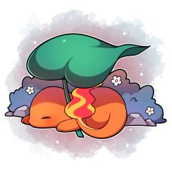 Rule 34 | absurdres, artist name, blush, charmander, creatures (company), closed eyes, fire, fire, flame-tipped tail, flower, from side, game freak, gen 1 pokemon, highres, lying, nintendo, on stomach, outline, pink background, pokemon, pokemon (creature), sevi (seviyummy), sleeping, sparkle, watermark, white background, white flower, white outline