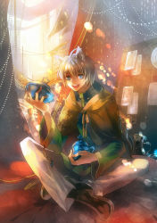 Rule 34 | 1boy, :d, ahoge, animal ears, backlighting, blue eyes, boots, brown footwear, cat boy, cat ears, curtains, day, drawstring, fringe trim, full body, hair between eyes, holding, indian style, jar, knee boots, light brown hair, long sleeves, looking at viewer, male focus, noki (affabile), open mouth, pants, paper, pillow, pixiv fantasia, pixiv fantasia 5, silhouette, silver hair, sitting, smile, solo focus, sunlight, thick eyebrows, white pants, wide sleeves