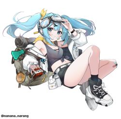 Rule 34 | 1girl, arahashi tabi, arm up, backpack, bag, bandaid, bandaid on cheek, bandaid on face, bare shoulders, belt, belt buckle, black footwear, black shorts, black socks, blue eyes, blue hair, breasts, buckle, cleavage, commentary request, explosive, full body, goggles, goggles on head, grey tank top, grin, hair ornament, hair ribbon, hairclip, highres, jacket, long hair, long sleeves, minecraft, nanana narang, navel, off shoulder, open clothes, open jacket, puffy long sleeves, puffy sleeves, ribbon, shoes, short shorts, shorts, simple background, small breasts, smile, socks, solo, stellive, tank top, tnt, tnt block (minecraft), twintails, twitter username, virtual youtuber, white background, white belt, white jacket, yellow ribbon