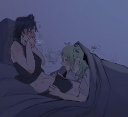 Rule 34 | 2girls, antlers, bed sheet, black shorts, black tank top, blue eyes, blue hair, blush, bow, bow earrings, branch, breasts, ceres fauna, covering own mouth, earrings, english text, green eyes, green hair, hair between eyes, hair intakes, hand over own mouth, hickey, highres, hololive, hololive english, horns, jewelry, large breasts, long hair, looking at another, messy hair, multiple girls, navel, night, on bed, ouro kronii, ribbon earrings, sheepinsleepin, shirt, short hair, short shorts, short sleeves, shorts, sidelocks, sleeping, smile, sweat, sweatdrop, tank top, under covers, virtual youtuber, white tank top, yellow eyes, yuri