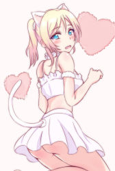 Rule 34 | 10s, 1girl, animal ears, ass, ayase eli, blonde hair, blue eyes, blush, breasts, cat ears, cat tail, heart, kemonomimi mode, long hair, love live!, love live! school idol project, medium breasts, no panties, ponytail, raguro, skirt, solo, tail, wavy mouth