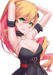 Rule 34 | 1girl, armpits, arms behind head, bare shoulders, black dress, blonde hair, breasts, chain, cleavage, collarbone, colored inner hair, dress, gold chain, green eyes, hair between eyes, hair ornament, hairpin, highres, large breasts, long hair, looking at viewer, mole, mole on breast, mole under eye, multicolored hair, nijisanji, nijisanji kr, o-ring, open mouth, parted lips, pink hair, ponytail, seffyna, simple background, smile, solo, strapless, strapless dress, tetryl, very long hair, virtual youtuber, white background