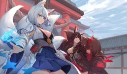Rule 34 | 2girls, akagi (azur lane), animal ears, architecture, azur lane, blue eyes, blue skirt, breasts, brown gloves, brown hair, cleavage, closed mouth, cloud, day, east asian architecture, fox ears, fox girl, fox tail, gloves, grin, highres, hitodama, kaga (azur lane), kitsune, large breasts, long hair, looking away, miniskirt, multiple girls, multiple tails, nekojira, nontraditional miko, outdoors, pleated skirt, red eyes, red skirt, shikigami, skirt, sky, smile, tail, torii, white hair