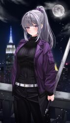 Rule 34 | 1girl, absurdres, belt, black pants, black shirt, blush, breasts, covered navel, grey hair, highres, holding, holding sword, holding weapon, jacket, large breasts, long hair, looking at viewer, moon, night, nyanbutter, open clothes, open jacket, original, outdoors, pants, ponytail, purple eyes, purple jacket, shirt, sky, solo, star (sky), starry sky, sword, weapon, white belt