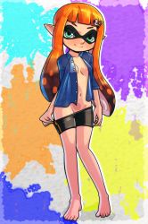 Rule 34 | 1girl, areola slip, bad id, bad pixiv id, barefoot, bike shorts, black-rayal, blush, breasts, clothes pull, eyeshadow, full body, green eyes, hair ornament, hairclip, half-closed eyes, highres, inkling, inkling girl, inkling player character, looking at viewer, makeup, monster girl, navel, nintendo, open clothes, open shirt, orange hair, pointy ears, pulled by self, shirt, shorts, shorts pull, sleeves rolled up, small breasts, smile, solo, splatoon (series), splatoon 1, tentacle hair, toes, undressing