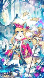 Rule 34 | 1girl, animal, blonde hair, blue eyes, blush, braid, gloves, hayanse, highres, holding, holding staff, long hair, looking at viewer, original, parted lips, solo, staff, white gloves, winter, wolf