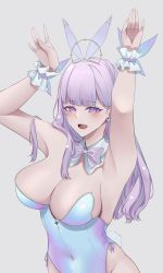 Rule 34 | 1girl, absurdres, animal ears, armpits, arms up, azur lane, bare arms, bare shoulders, blunt bangs, bow, breasts, cleavage, commentary request, detached collar, earrings, fake animal ears, fake tail, hair over shoulder, highleg, highleg leotard, highres, jewelry, large breasts, leotard, long hair, nanako94418108, open mouth, playboy bunny, plymouth (azur lane), purple bow, purple eyes, purple hair, purple leotard, rabbit pose, rabbit tail, simple background, solo, strapless, strapless leotard, tail, teeth, upper body, upper teeth only, white background, wrist cuffs, ||/