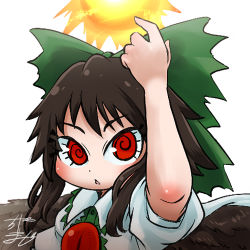 Rule 34 | 1girl, @ @, arm up, profile picture, black hair, blush, bow, capelet, chamaji, close-up, feathered wings, frills, hair bow, index finger raised, looking at viewer, lowres, open mouth, puffy short sleeves, puffy sleeves, red eyes, reiuji utsuho, short hair, short sleeves, sidelocks, signature, simple background, slit pupils, solo, spiral, sun, third eye, touhou, triangle mouth, upper body, white background, wing collar, wings