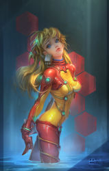 Rule 34 | 1girl, absurdres, arms behind back, ass, balagao, blonde hair, blue eyes, breasts, cleavage, cowboy shot, dated, eyelashes, groin, head tilt, highres, interface headset, lips, long hair, medium breasts, messy hair, neon genesis evangelion, plugsuit, rebuild of evangelion, see-through, skin tight, solo, souryuu asuka langley, test plugsuit, thighs, two side up, wading, watermark, web address