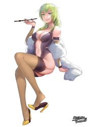 Rule 34 | 1girl, black leotard, breasts, copyright request, feather boa, garter straps, green eyes, green hair, grey thighhighs, high heels, highres, holding, holding smoking pipe, invisible chair, kiseru, leotard, looking at viewer, medium breasts, mole, mole under mouth, navel, open leotard, revealing clothes, roxxxan, shoe dangle, signature, simple background, sitting, smile, smoking pipe, solo, thighhighs, white background