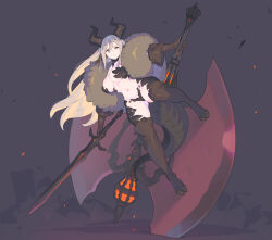 Rule 34 | 1girl, animal ears, axe, blonde hair, boots, breasts, brown gloves, commentary request, dungeon squad, enkyo yuuichirou, full body, fur scarf, gloves, highres, holding, holding axe, holding sword, holding weapon, hoof shoes, horns, huge weapon, large breasts, long hair, monster girl, navel, planted, planted axe, scales, solo, sword, tail, thigh boots, very long hair, weapon, wind, wind lift, yellow eyes