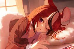 Rule 34 | 1girl, absurdres, animal ears, bed, bedroom, black hair, blanket, blue eyes, cellphone, commentary, english commentary, hakos baelz, highres, hololive, hololive english, indoors, irys (hololive), jiang ye kiri, long hair, looking at viewer, lying, mouse ears, mouse girl, multicolored hair, on bed, on side, one eye closed, pajamas, parted lips, phone, pillow, pov across bed, red hair, smartphone, solo, streaked hair, under covers, virtual youtuber, waking up, white hair, window