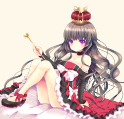 Rule 34 | 1girl, bare arms, bare shoulders, bow, brown hair, choker, collarbone, crown, detached sleeves, dress, frilled dress, frills, highres, ichiru (yuzu-an), long hair, looking at viewer, off shoulder, original, purple eyes, serious, simple background, solo, wand
