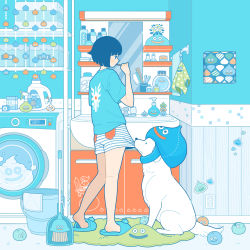 Rule 34 | 1girl, absurdres, aqua theme, bathroom, blue footwear, blue hair, blue shirt, blush, brushing teeth, bucket, electrical outlet, expressionless, highres, indoors, mirror, original, print shirt, shirt, short hair, short sleeves, shorts, slime (dragon quest), slippers, solo, standing, striped clothes, striped shorts, toothbrush, washing machine, wide shot, yoshimon