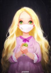Rule 34 | 1girl, animal, blonde hair, commentary, dress, green eyes, highres, holding, holding animal, lin yl deng, long hair, looking at viewer, mask, mouth mask, purple dress, rapunzel (disney), solo, strabismus, surgical mask, tangled, very long hair, white mask