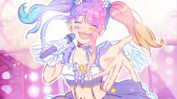 Rule 34 | 1girl, :d, ahoge, angel wings, bare arms, blonde hair, blue hair, blush, bow, brooch, rabbit hair ornament, choker, collarbone, concert, demon horns, dithering, emberlith, closed eyes, facial mark, floating hair, gloves, gradient hair, hair ornament, heart, heart facial mark, highres, holding, holding microphone, horns, idol clothes, indie virtual youtuber, jewelry, layered skirt, long hair, microphone, midriff, mini wings, multicolored hair, music, navel, open mouth, orenji, outstretched arm, pink hair, pointy ears, purple bow, purple choker, purple hair, purple skirt, ribbon choker, sidelocks, singing, single glove, skirt, smile, stage, stage lights, star (symbol), star brooch, star facial mark, star hair ornament, star tattoo, stomach, strapless, suspender skirt, suspenders, tattoo, teeth, tube top, twintails, upper teeth only, virtual youtuber, white gloves, wings