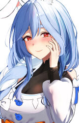 Rule 34 | 1girl, animal ear fluff, animal ears, black bodysuit, blue hair, bodysuit, braid, braided ponytail, breasts, cleavage, detached sleeves, dress, hair over one eye, hand on own face, highres, hololive, long hair, looking at viewer, mature female, migsy, multicolored hair, pekomama, rabbit-shaped pupils, rabbit ears, rabbit girl, red eyes, short eyebrows, smile, solo, streaked hair, symbol-shaped pupils, virtual youtuber, white background, white dress, white hair, white sleeves
