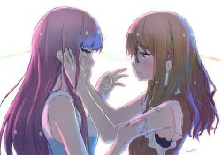 Rule 34 | 2girls, blue eyes, brown hair, from side, hair ornament, hairclip, hands on another&#039;s face, kagawa yuusaku, long hair, looking at another, multiple girls, original, pink hair, purple eyes, signature, simple background, sleeveless, yuri