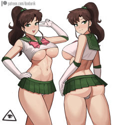 Rule 34 | 1girl, artist logo, ass, bishoujo senshi sailor moon, breasts, brown hair, cameltoe, commentary, donburi (donburikazoku), elbow gloves, english commentary, from behind, gloves, green eyes, hand on own hip, high ponytail, highres, kino makoto, large breasts, long hair, looking at viewer, looking back, microskirt, miniskirt, multiple views, navel, open mouth, panties, parted bangs, patreon logo, patreon username, pleated skirt, sailor collar, sailor jupiter, shirt, simple background, skirt, smile, teeth, thighs, underboob, underbutt, underwear, upper teeth only, watermark, web address, white gloves, white panties, white shirt